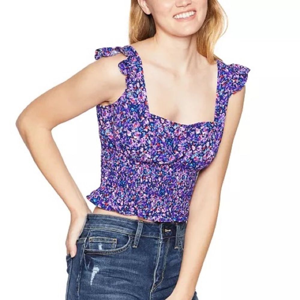 NWOT BCBG Julia Ruffle Sleeve Smocked Top Small Purple
